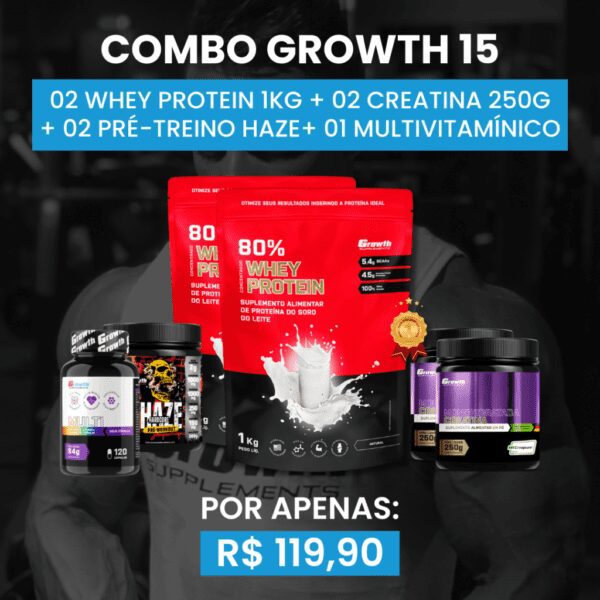 [COMBO 15] 02 WHEY PROTEIN 80% CONCENTRADO 1KG + 02 CREATINA MONOHIDRATADA 250G + 01 PRÉ-TREINO HAZE 300G + 01 MULTIVITAMÍNICO (120 CAPS)
