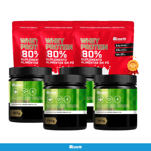 4 CREATINA MONOHIDRATADA 250G + 3 WHEY PROTEIN CONCENTRADO (1KG) – GROWTH SUPPLEMENTS